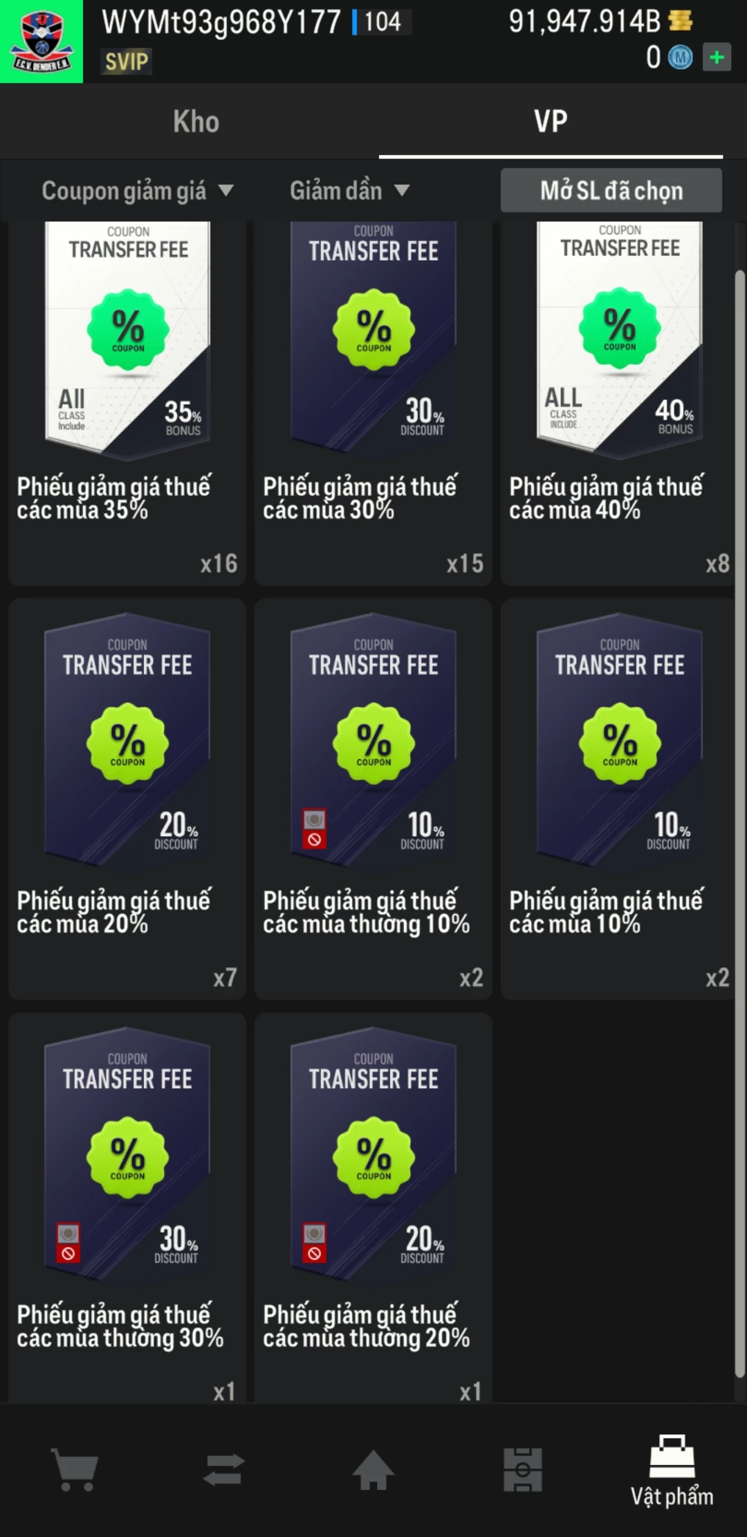 Ảnh ACC mở thẻ (LOẠI SUPER VIP) bao gồm có hơn 900+ đến 1100+ thẻ cầu thủ từ Siêu sao đến Miền núi các loại (ngẫu nhiên có: 01 thẻ +12 và 03 thẻ PRIME QH, XS, CP...) Acc có sẵn BP trắng từ 80.000 tỷ BP đến 120.000 tỷ BP kèm theo nhiều ngày SVIP